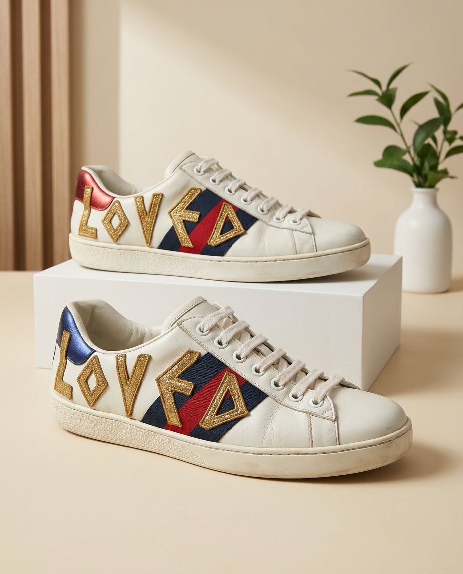 Gucci Women's Ace Web Stripe "LOVED" Low-Top Sneakers
