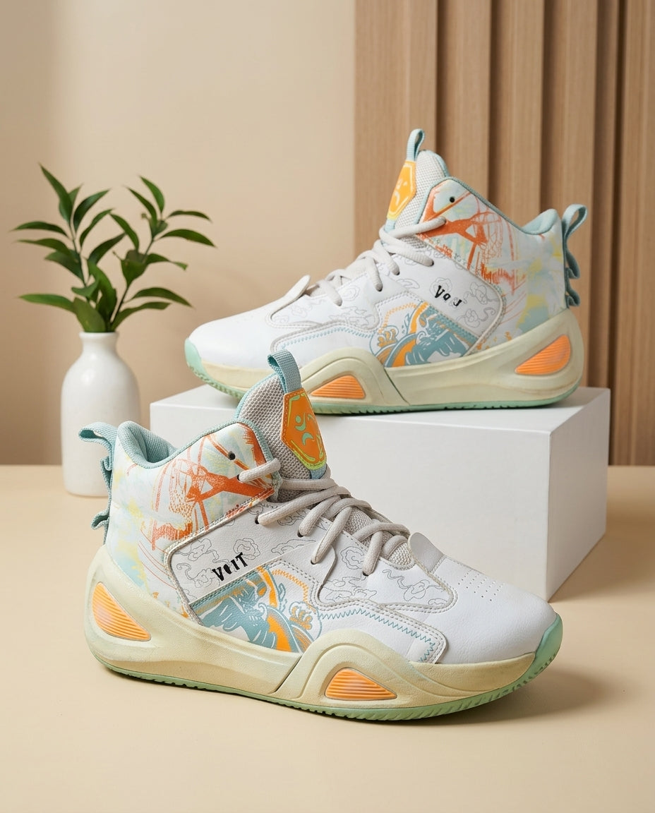 Streetwear High-Top Court Shoes with Graphic Panel Overlays