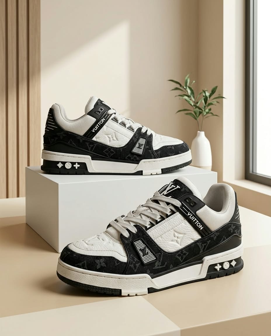 Men’s Black & White Denim Monogram Luxury Low-Top Sneakers