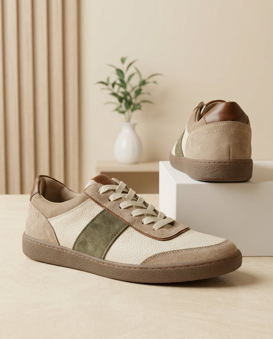 Men’s Beige & Olive Green Retro Court Sneakers – Vintage Casual Lace-Up Shoes