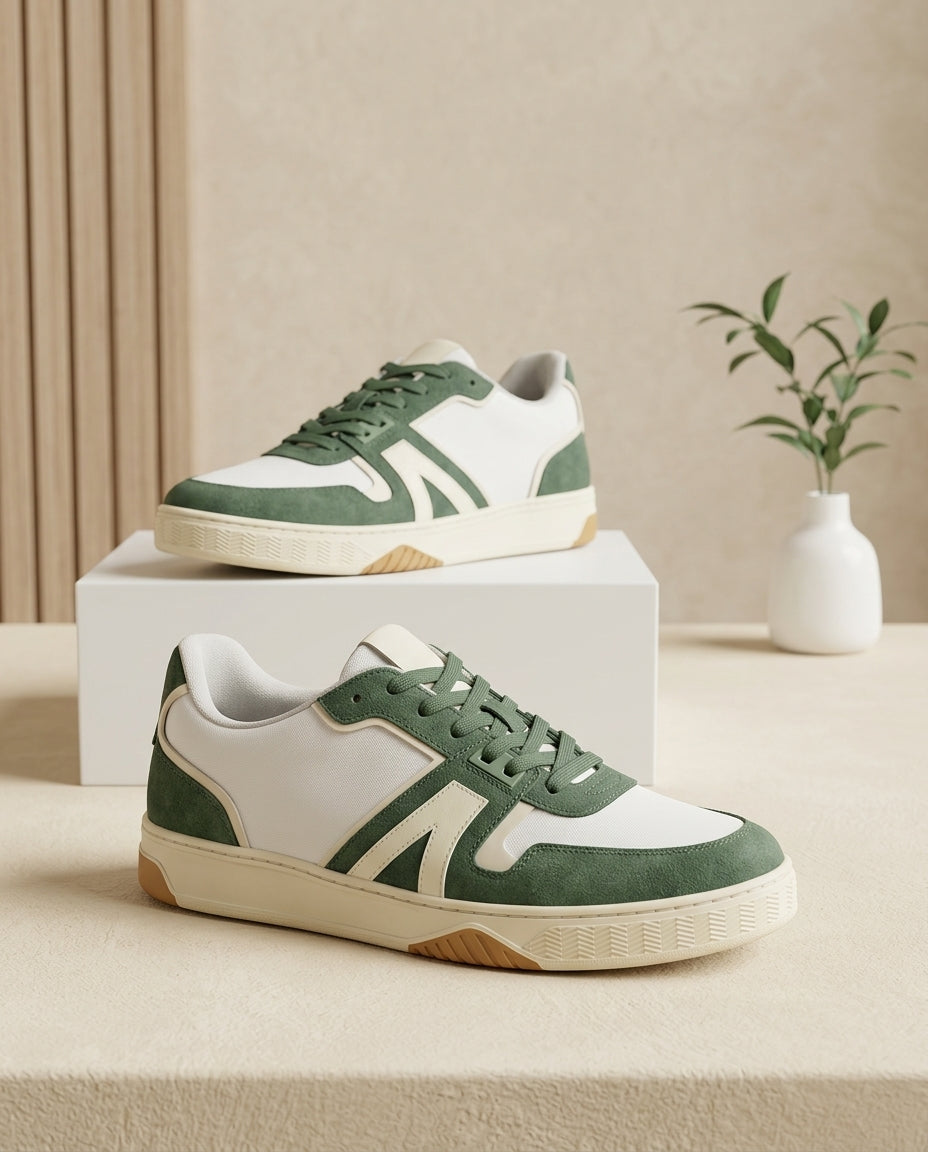 Vintage Low-Top Court Sneakers - Olive Green / Cream White