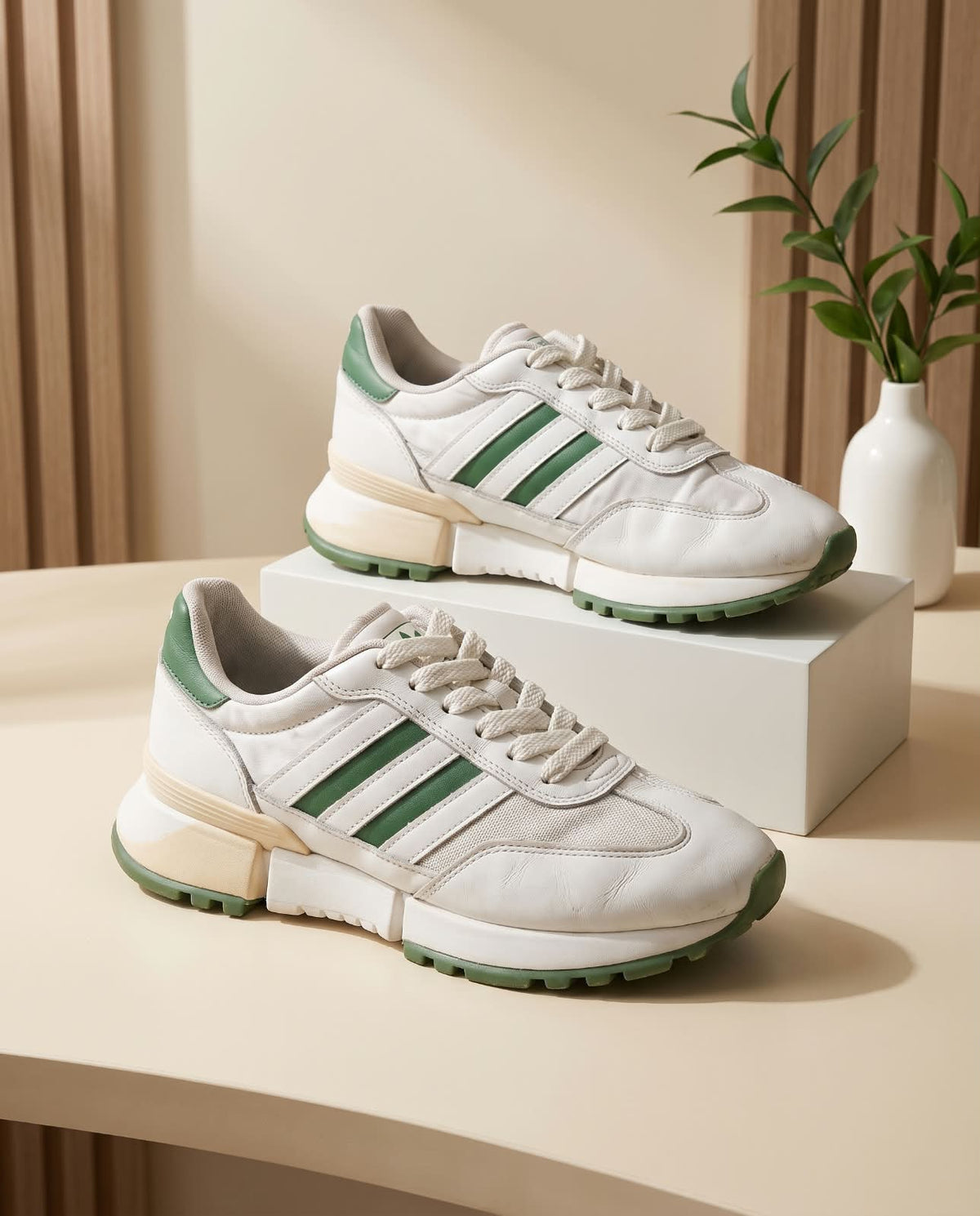 (Adidas Retro Runner / Lifestyle Sneaker – White, Forest Green & Cream