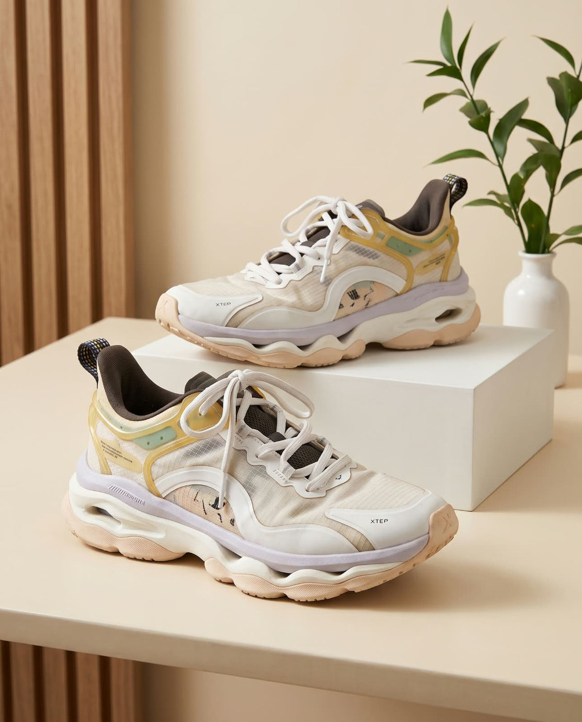 Xtep Chunky Athletic Sneaker – Off-White, Yellow & Soft Purple)