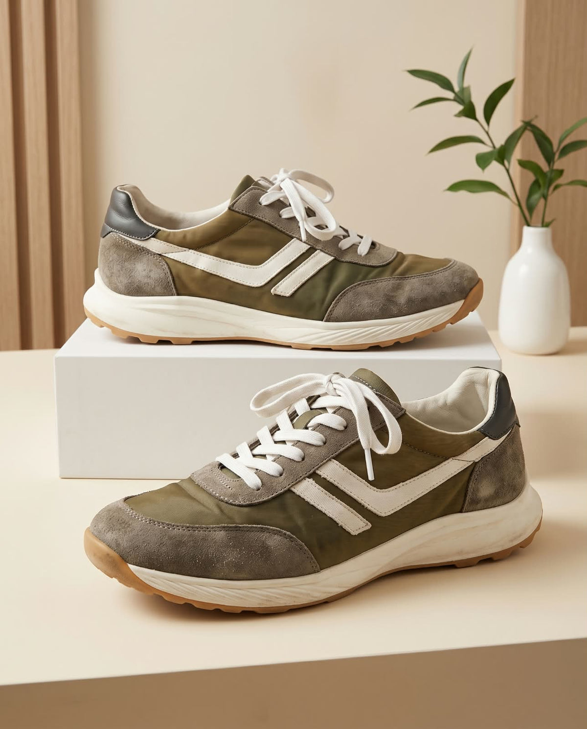 Vintage Retro Nylon & Suede Sneaker– Olive Green & Off-White