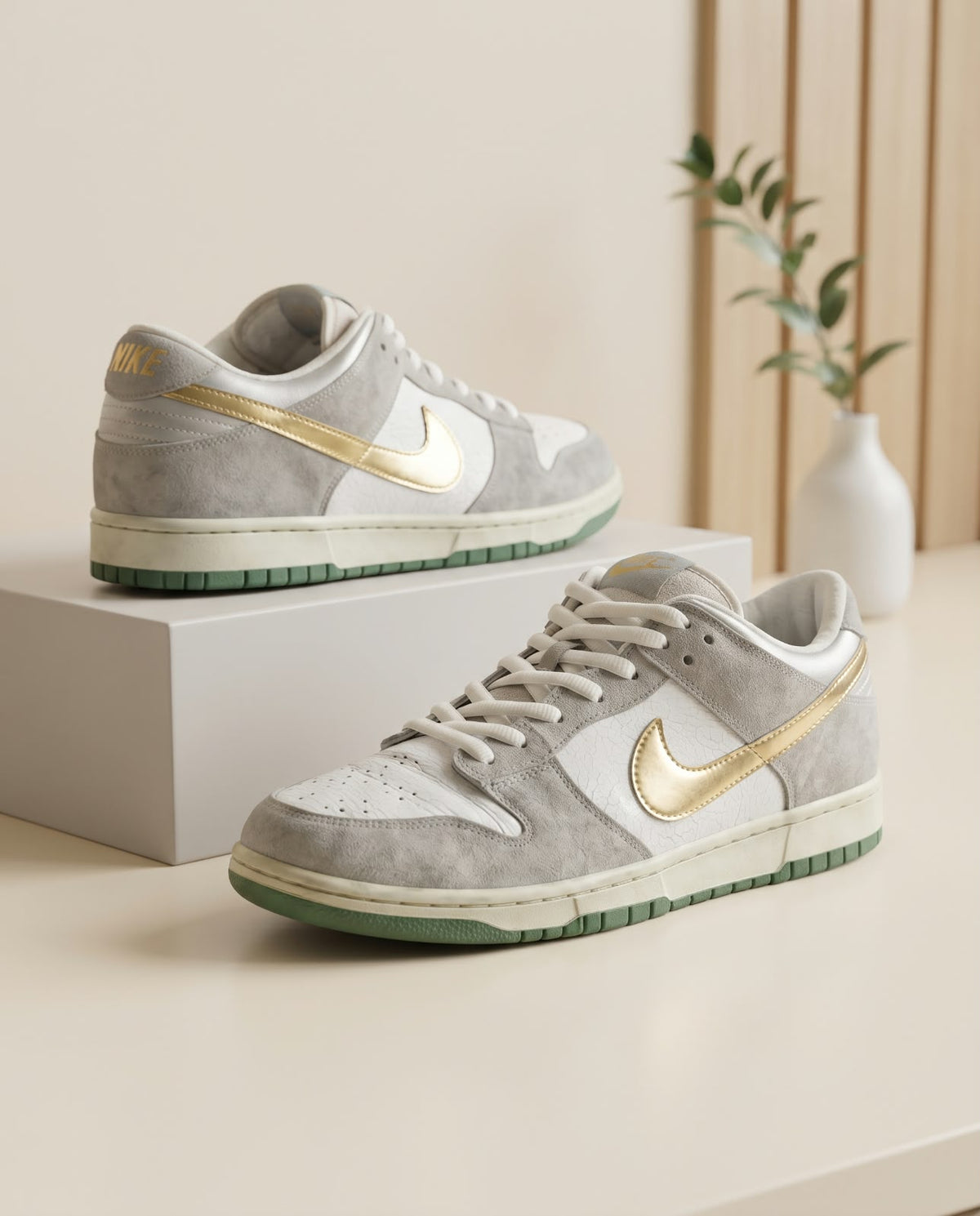 Nike Dunk Low – White, Grey, Metallic Gold & Green