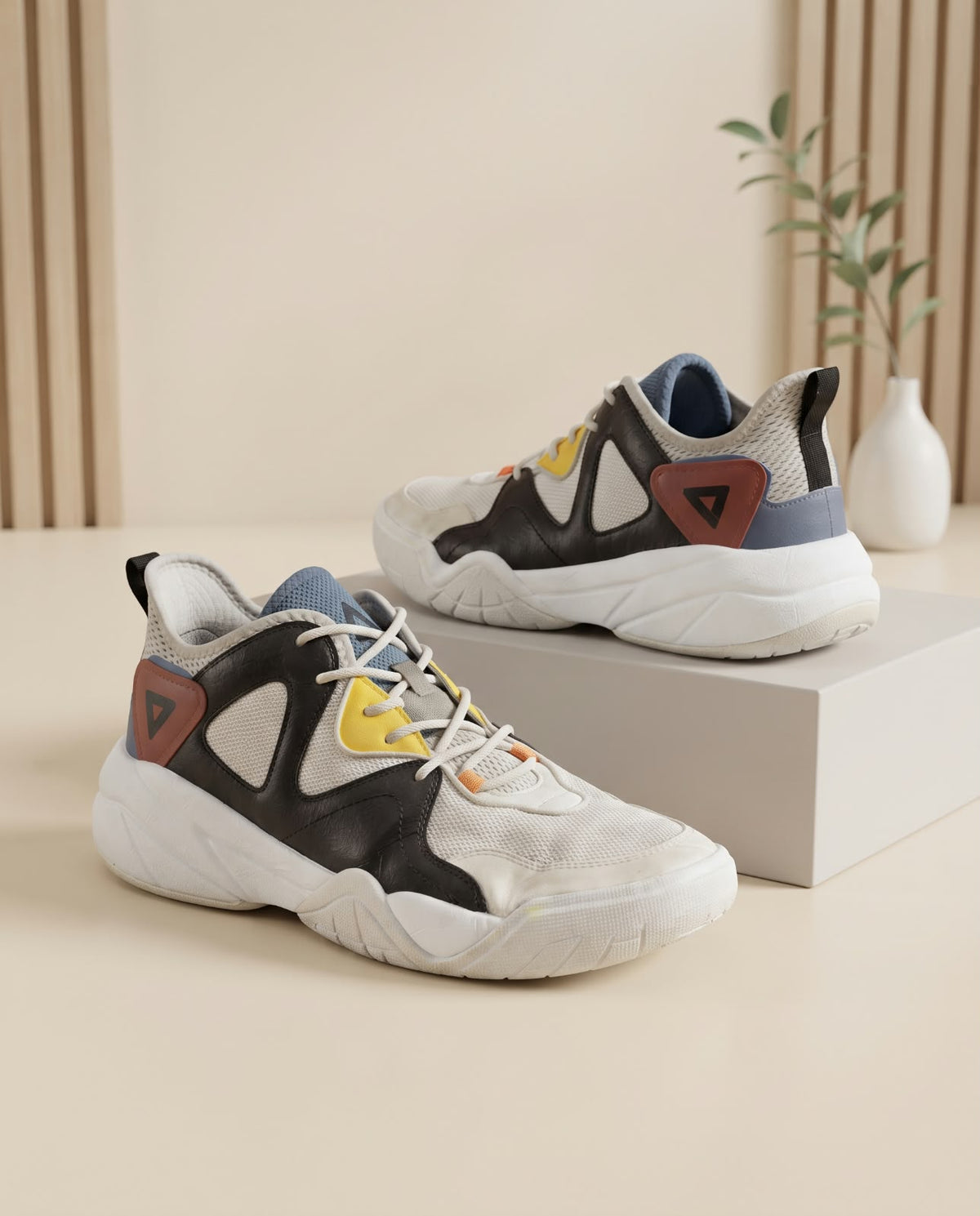 Color-Block Streetwear / Athletic Sneakers – Off-White, Dark Brown, Yellow & Multi-Color