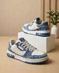 Designer LV Trainer Distressed Monogram Denim Sneakers